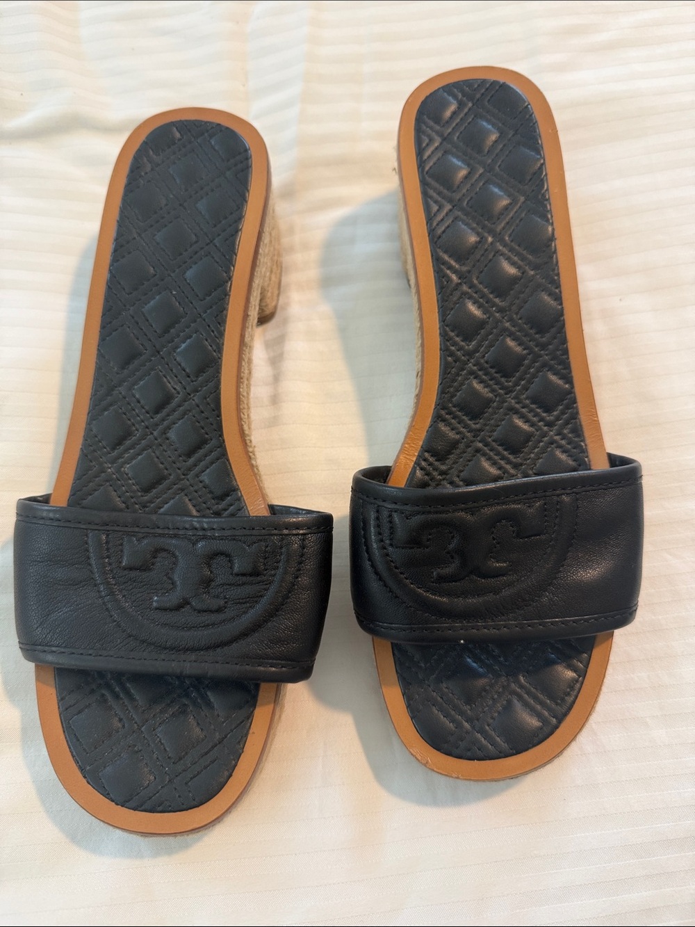 Tory Burch Black Quilted Slide Mules with Tan Trim